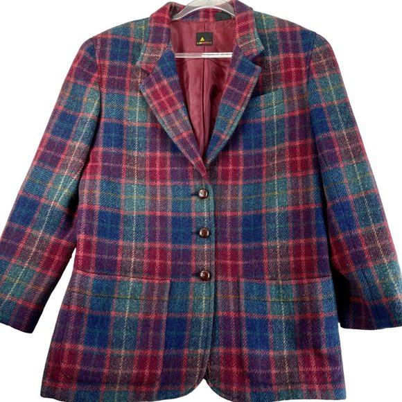 Vintage Womens 10 Red Blue Green Plaid Wool Long Heavy Blazer Jacket Pockets - Picture 1 of 11